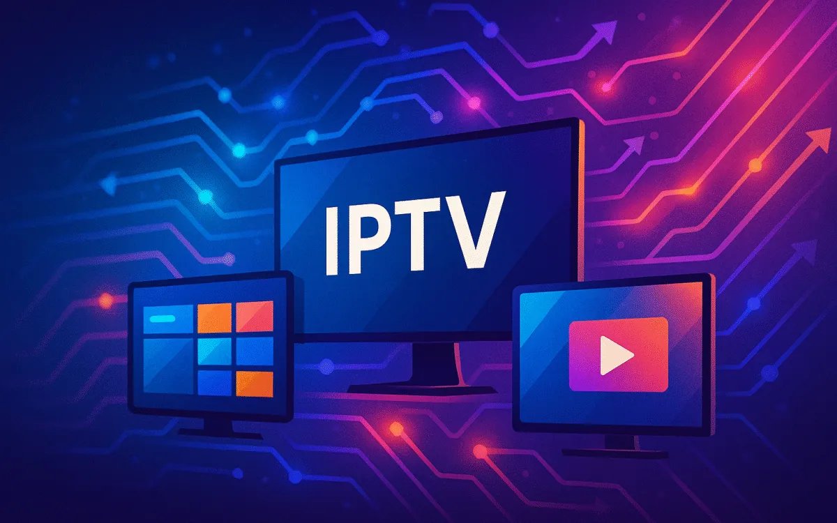 Digital streaming concept with monitors and network signals representing the best IPTV Canada services