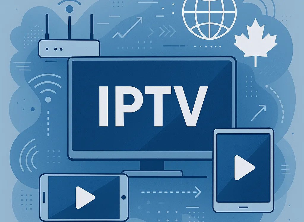 Abstract digital streaming concept representing IPTV technology in Canada with network signals and devices